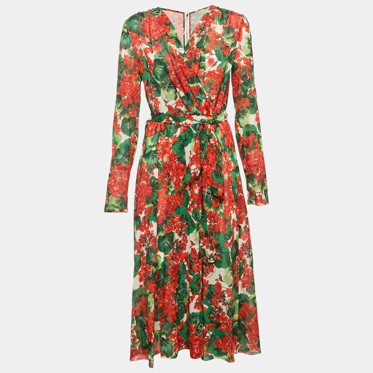 Pre Owned Dolce & Gabbana Multicolor Floral Print Silk Belted Midi Dress L