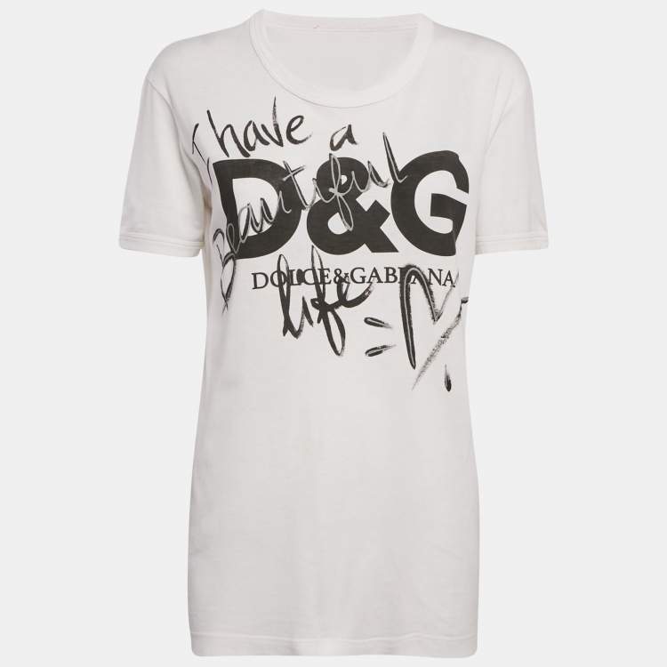 Pre Owned Dolce & Gabbana White Logo Print Cotton Crew Neck T-Shirt S
