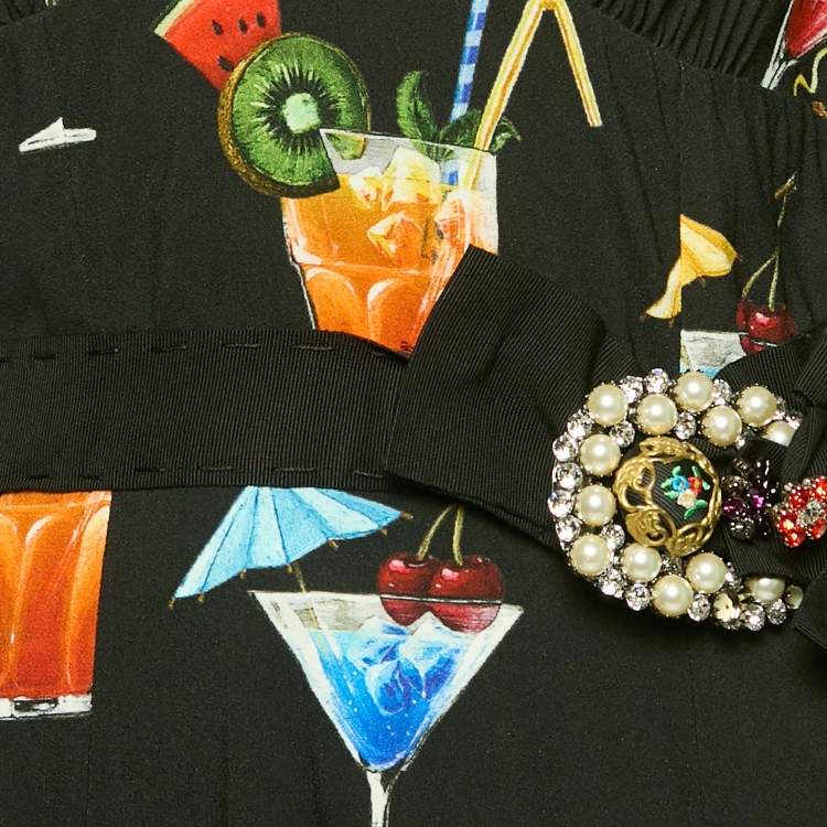 Pre Owned Dolce & Gabbana Black Embellished and Cocktail Print Crepe Long Dress S