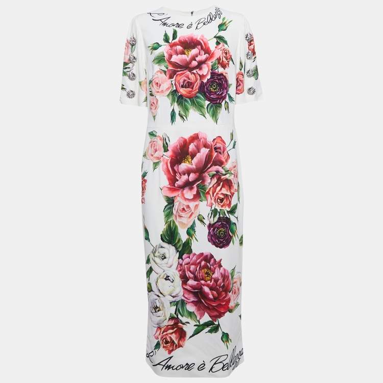 Pre Owned Dolce & Gabbana White Floral Print Crepe Brooch Detail Midi Dress XL