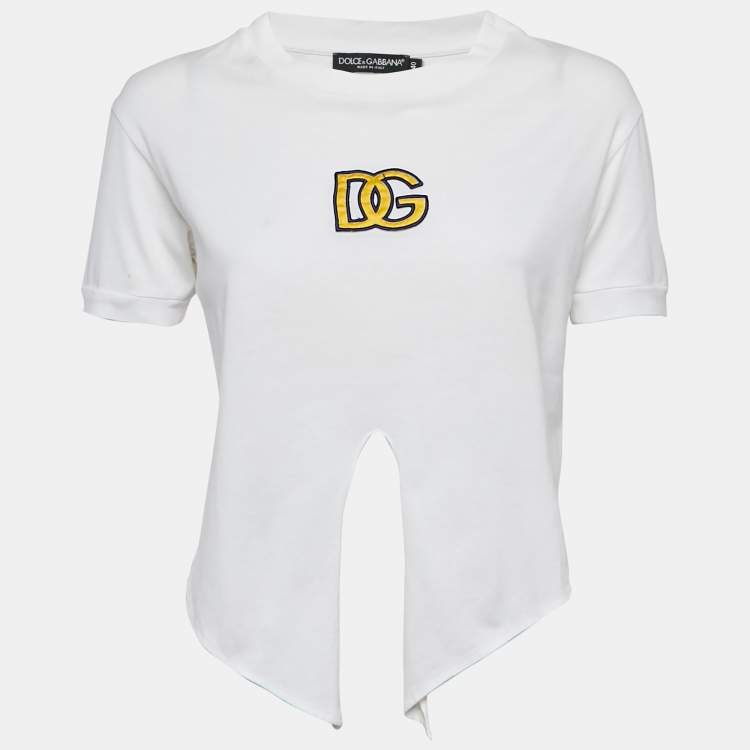 Pre Owned Dolce & Gabbana White Logo Embroidered Jersey Crop T-Shirt S