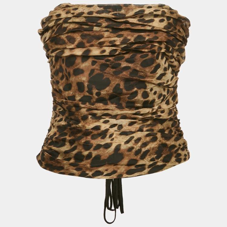 Pre Owned Dolce & Gabbana x Skins Brown Leopard Print Silk Lace-Up Bandeau Corset Top M