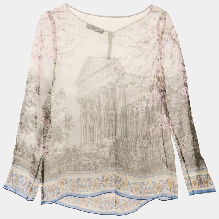 Pre Owned Dolce & Gabbana Purple Ancient Rome Print Silk Long Sleeve Top M
