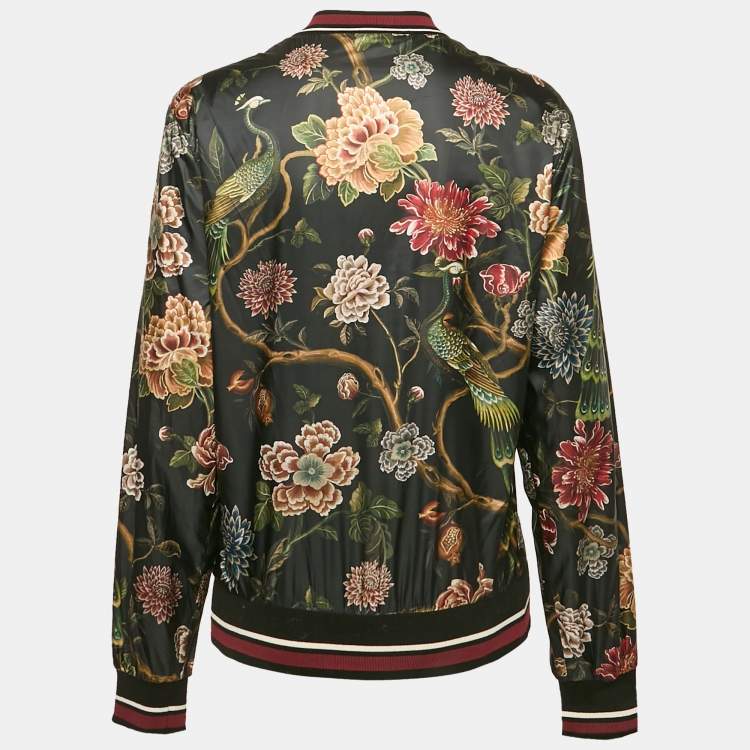 Pre Owned Dolce & Gabbana Black Floral Print Synthetic Bomber Jacket L