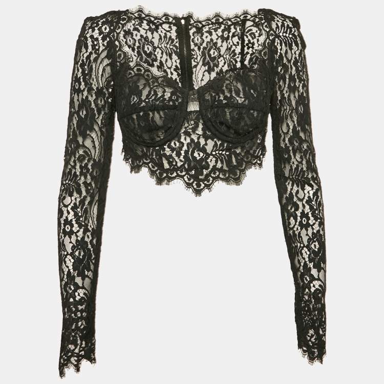 Pre Owned Dolce & Gabbana Black Floral Lace Sheer Bustier Crop Top M