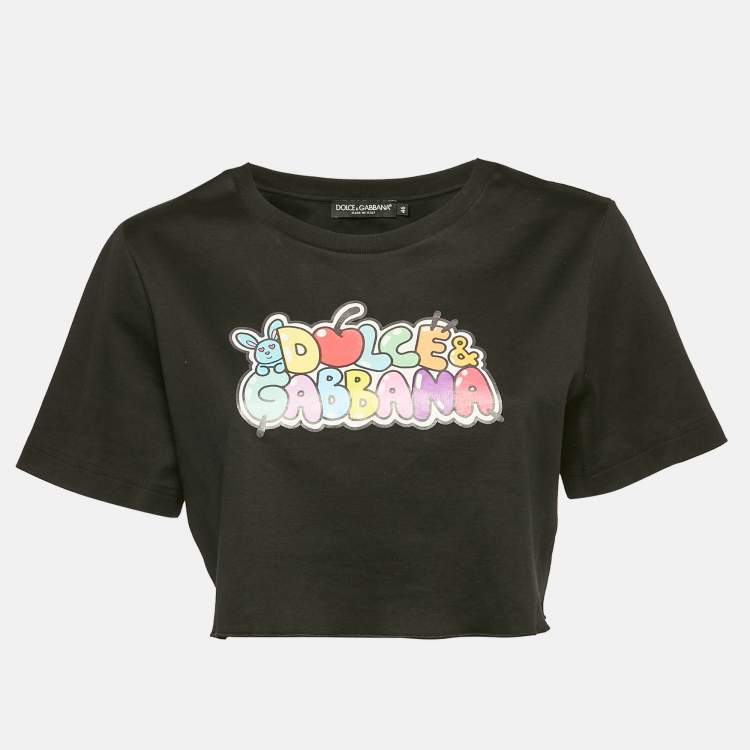 Pre Owned Dolce & Gabbana Black Printed Cotton Crop Top L