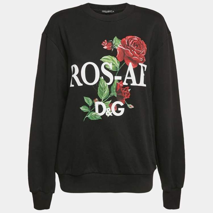 Pre Owned Dolce & Gabbana Black Rose Print Cotton Sweatshirt XXS