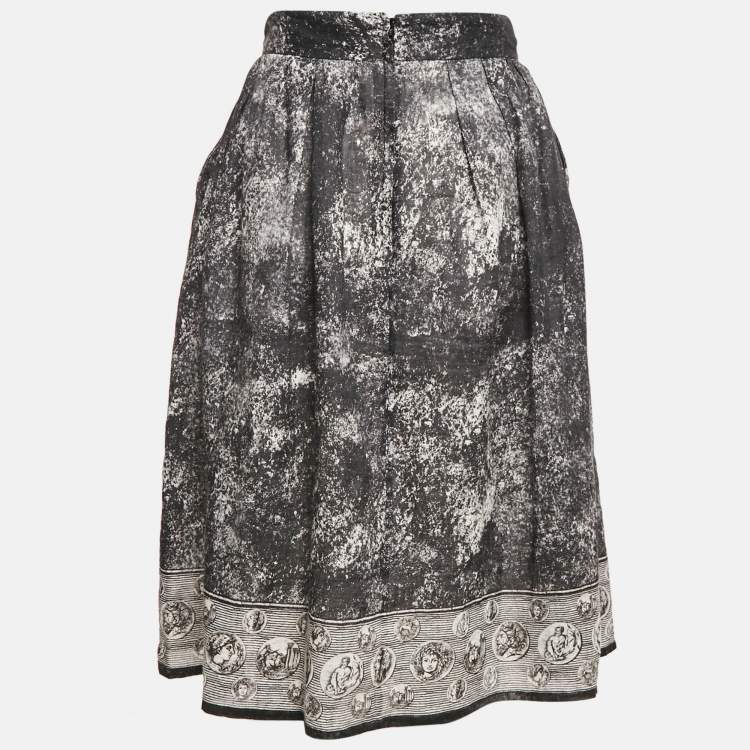 Pre Owned Dolce & Gabbana Black Printed Linen Pleated Midi Skirt S