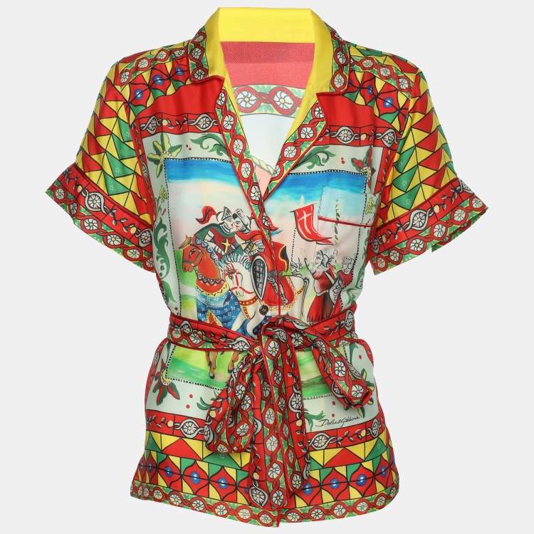Pre Owned Dolce & Gabbana Multicolor Carretto Printed Silk Belted Top S