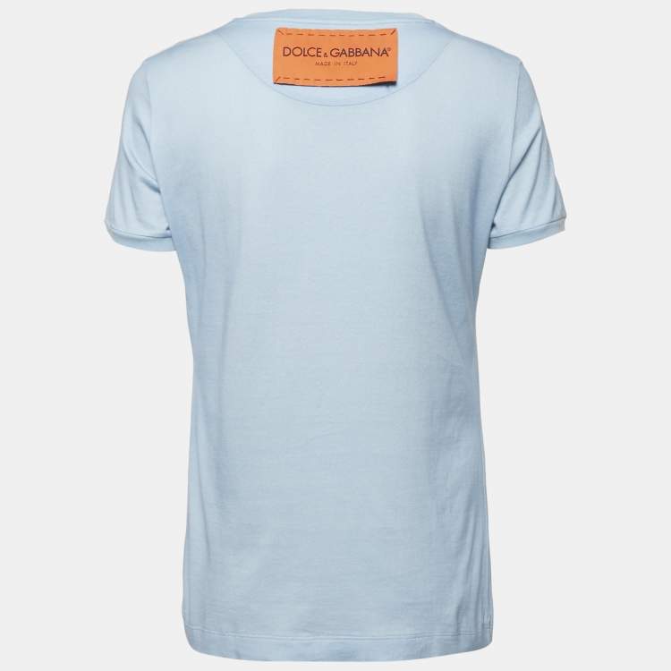 Pre Owned Dolce & Gabbana Light Blue Logo Embellished Knit Crew Neck T-Shirt M