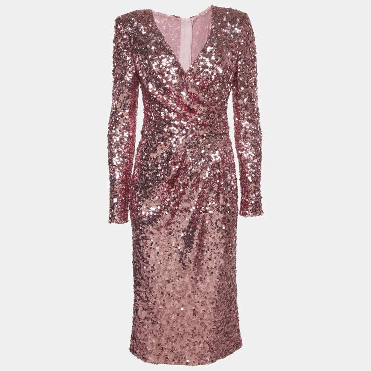 Pre Owned Dolce & Gabbana Pink Metallic Sequin Mesh Draped Midi Dress M
