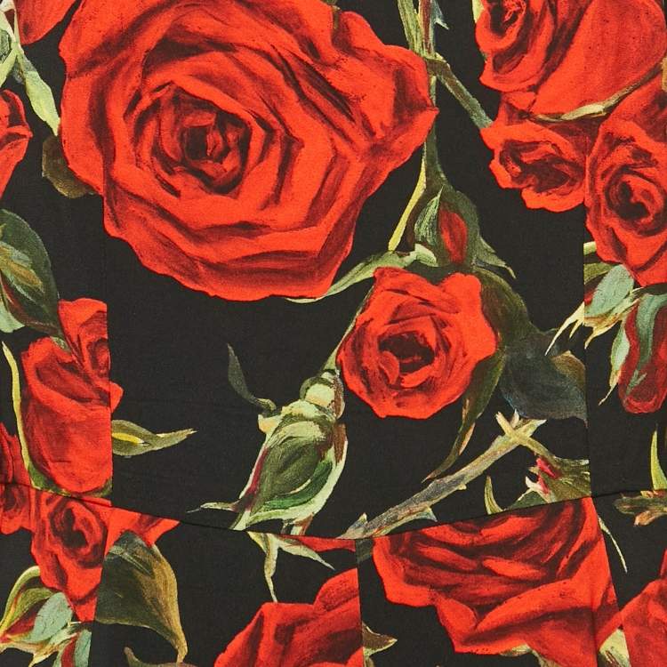 Pre Owned Dolce & Gabbana Black Rose Print Crepe Flared Mini Dress L