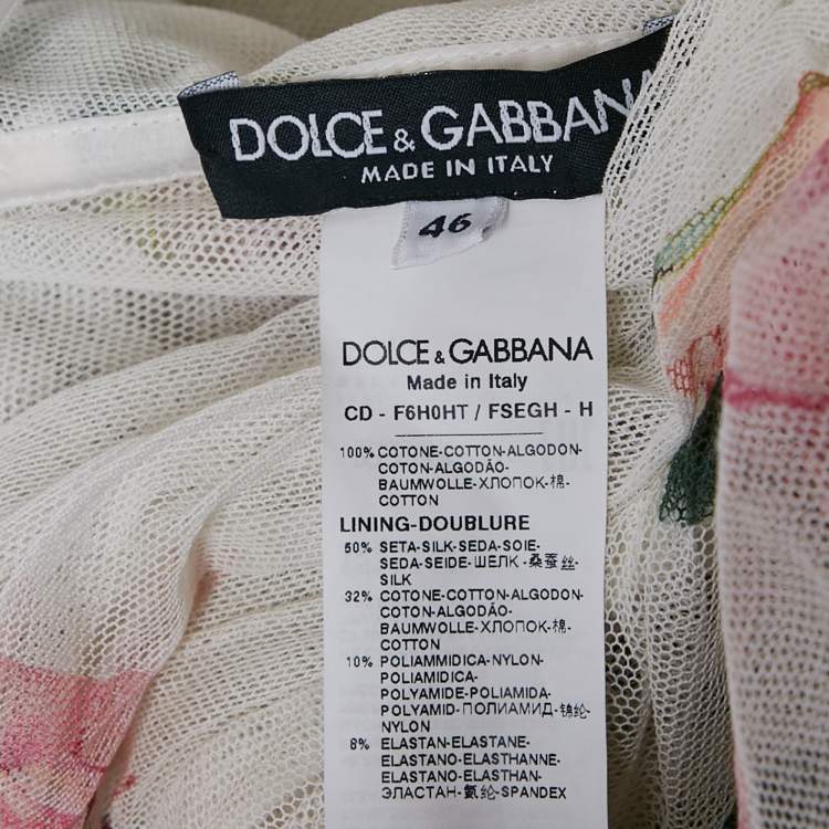 Pre Owned Dolce & Gabbana White Floral Print Tulle Ruched Midi Dress L