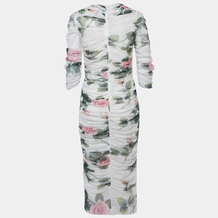 Pre Owned Dolce & Gabbana White Floral Print Tulle Ruched Midi Dress L