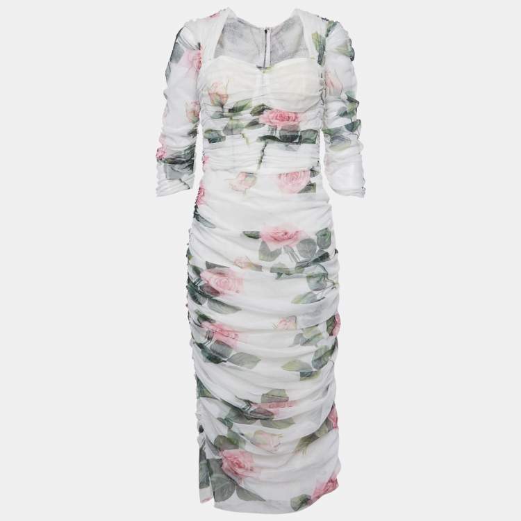 Pre Owned Dolce & Gabbana White Floral Print Tulle Ruched Midi Dress L