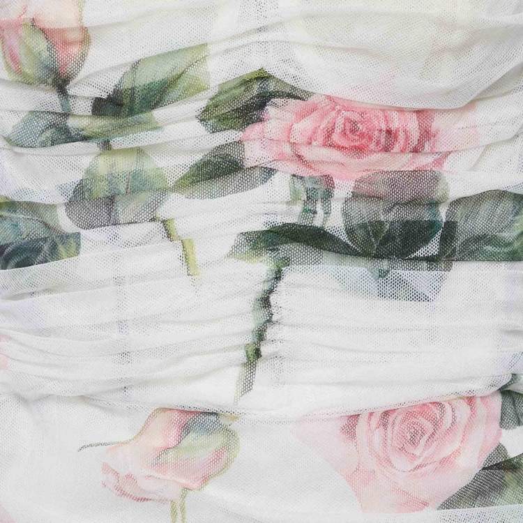 Pre Owned Dolce & Gabbana White Floral Print Tulle Ruched Midi Dress L