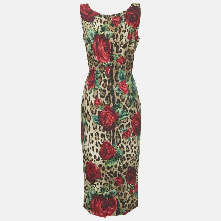 Pre Owned Dolce & Gabbana Brown Leopard and Rose Print Crepe Sheath Dress L