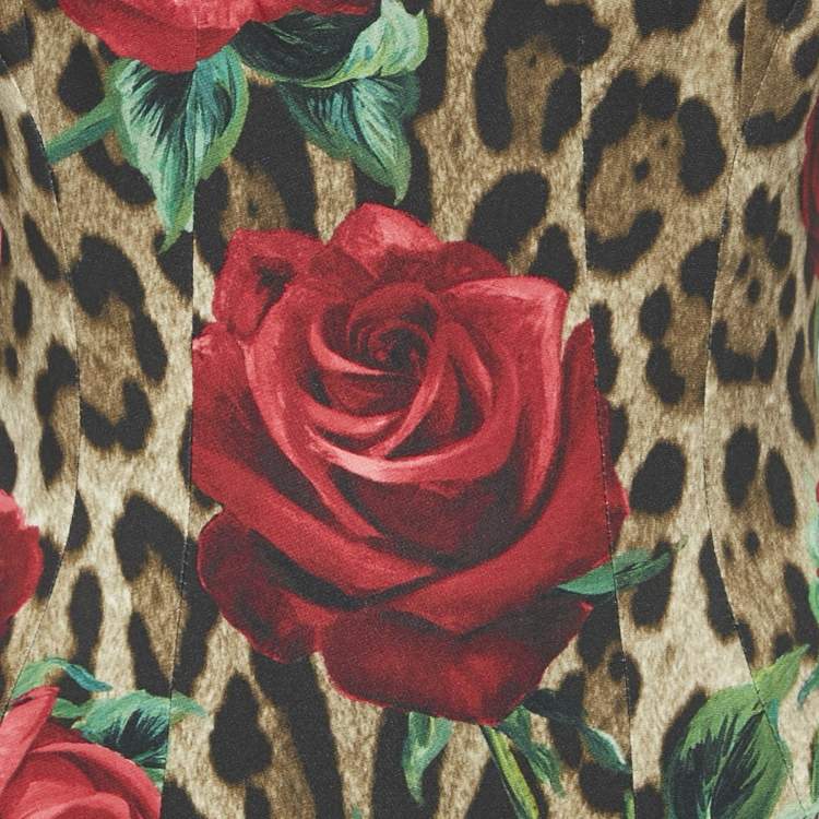 Pre Owned Dolce & Gabbana Brown Leopard and Rose Print Crepe Sheath Dress L