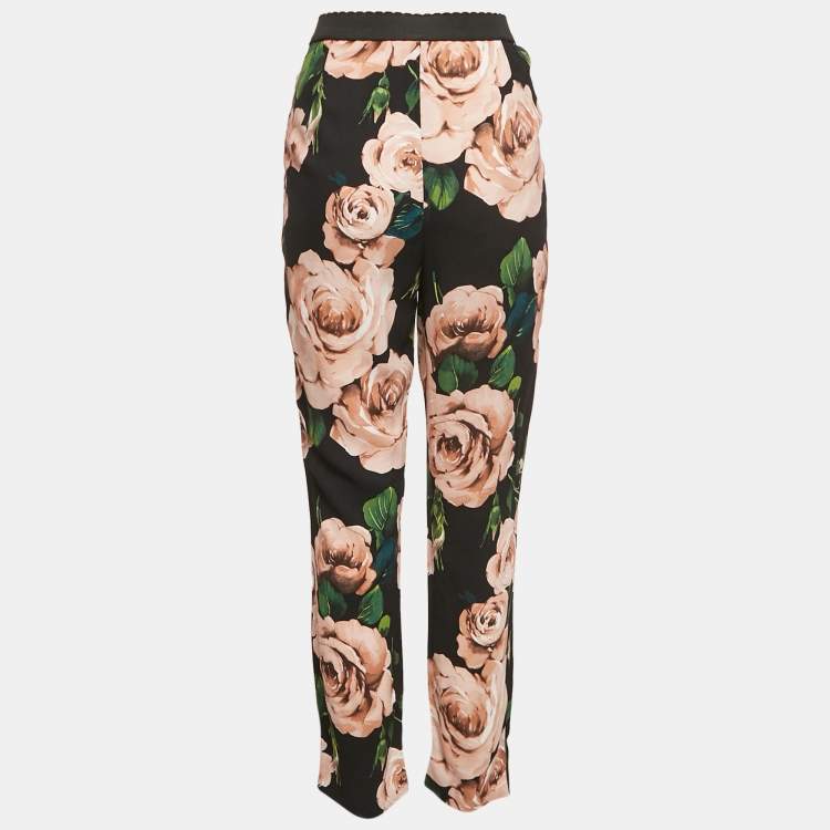 Pre Owned Dolce & Gabbana Black Rose Print Crepe Trousers S