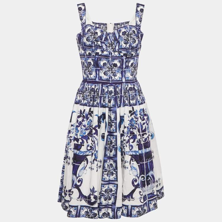 مملوكة مسبقًا Dolce & Gabbana Blue/White Majolica Print Poplin Bustier Midi Dress XL