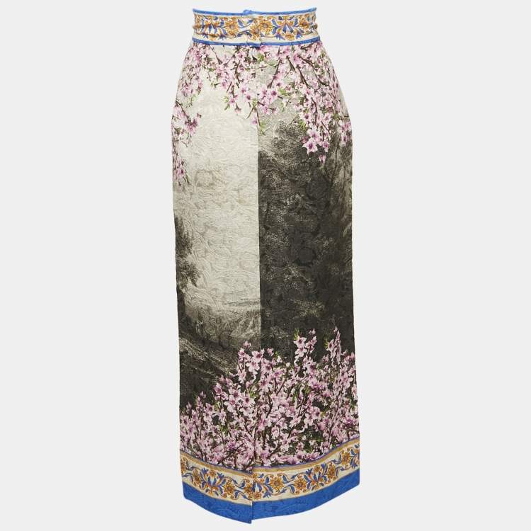Pre Owned Dolce & Gabbana Grey Floral Jacquard Midi Skirt S