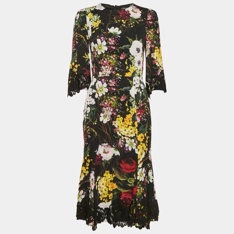 Pre Owned Dolce & Gabbana Black Floral Print Silk Lace Trim Midi Dress M