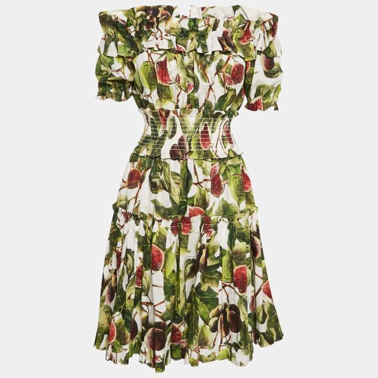 Pre Owned Dolce & Gabbana Green Fig Print Poplin Shirring Detail Mini Dress XS