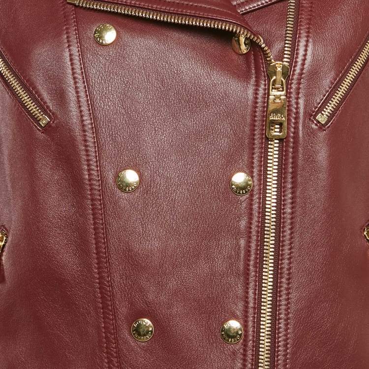 Pre Owned Dolce & Gabbana Burgundy Leather Zip-Up Slim Fit Riders Jacket XL
