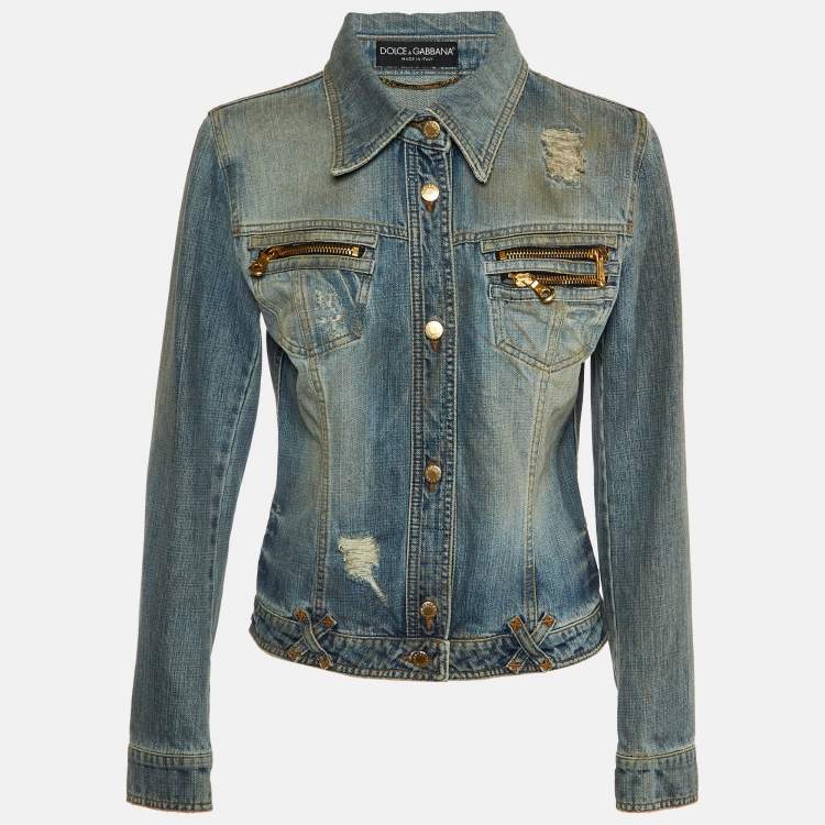 Pre Owned Dolce & Gabbana Blue Distressed Denim Button Up Jacket M