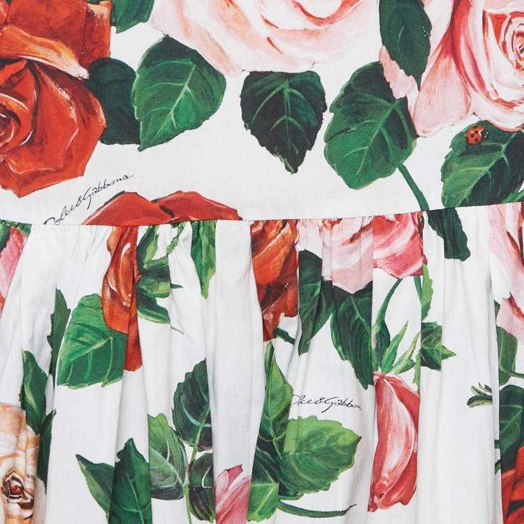 مملوكة مسبقًا Dolce & Gabbana White Rose Print Gathered Knee Length Skirt XS