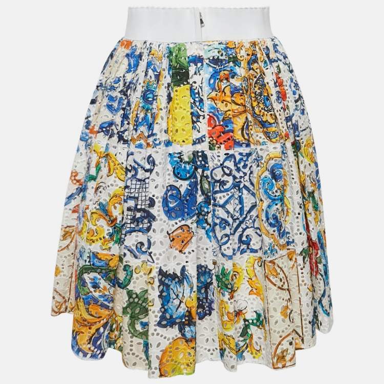Pre Owned Dolce & Gabbana White Majolica Patchwork Print Lace Flared Skirt S
