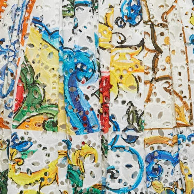 Pre Owned Dolce & Gabbana White Majolica Patchwork Print Lace Flared Skirt S