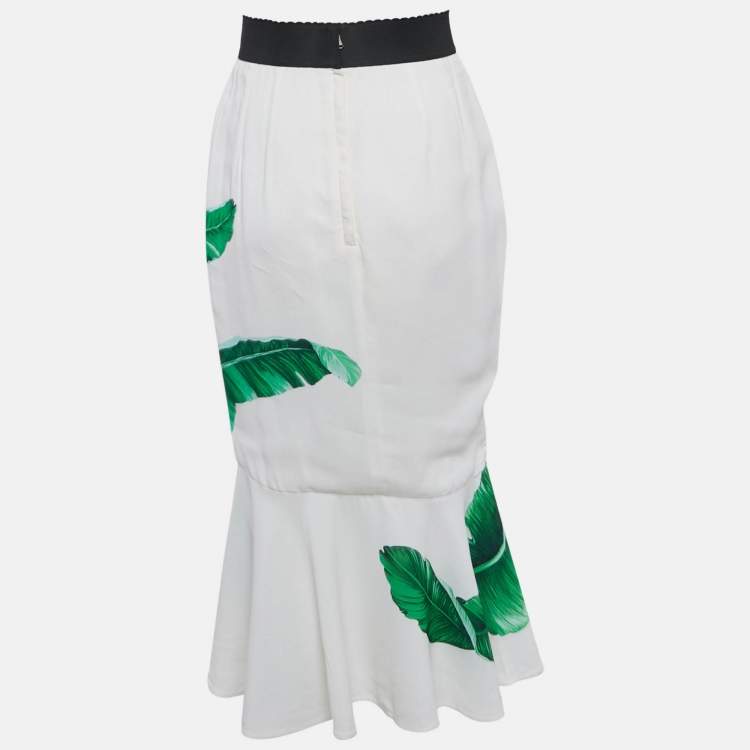 Pre Owned Dolce & Gabbana Ivory Banana Leaf Print Crepe Flounced Skirt S