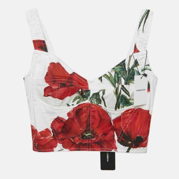 Pre Owned Dolce & Gabbana White Red Poppy Print Cotton Top Shorts Set S
