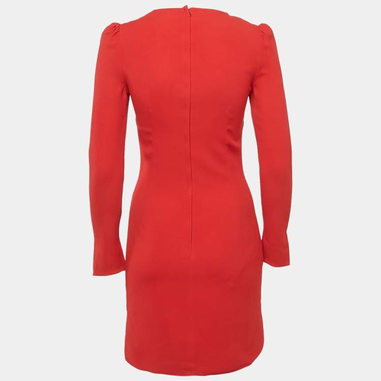 Pre Owned Dolce & Gabbana Red Crepe Logo Embellished Long Sleeve Mini Dress S