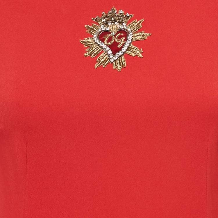 Pre Owned Dolce & Gabbana Red Crepe Logo Embellished Long Sleeve Mini Dress S