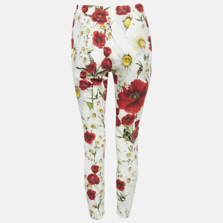 Pre Owned Dolce & Gabbana White Floral Print Crepe Trousers M