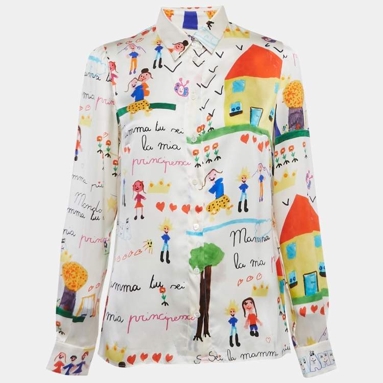 Pre Owned Dolce & Gabbana Ivory DG Family Print Silk Shirt M 