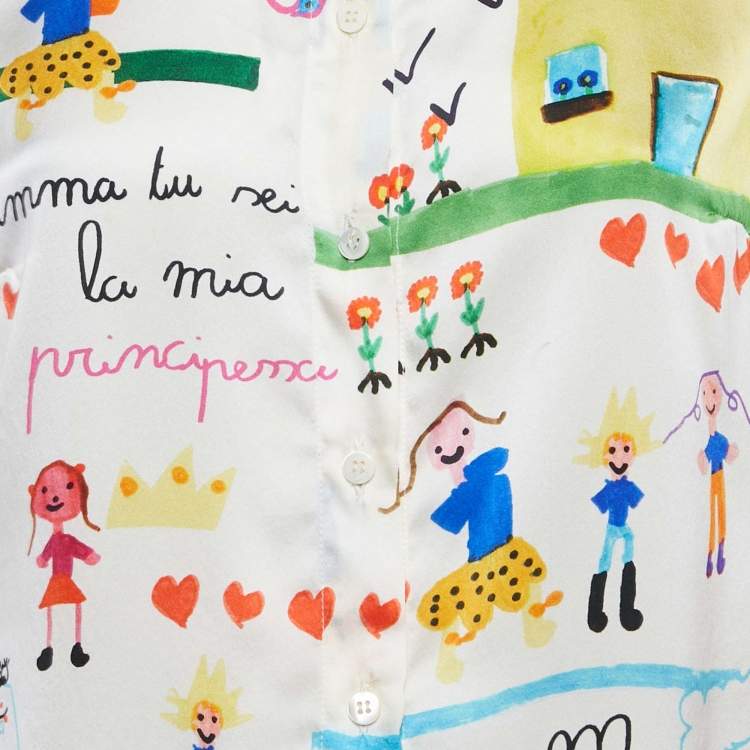 Pre Owned Dolce & Gabbana Ivory DG Family Print Silk Shirt M 