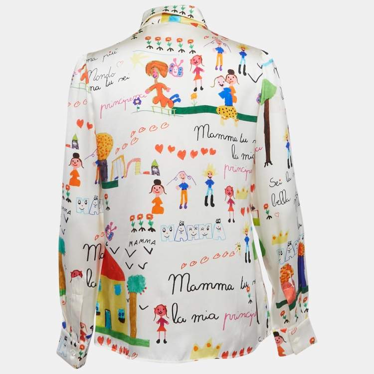 Pre Owned Dolce & Gabbana Ivory DG Family Print Silk Shirt M 