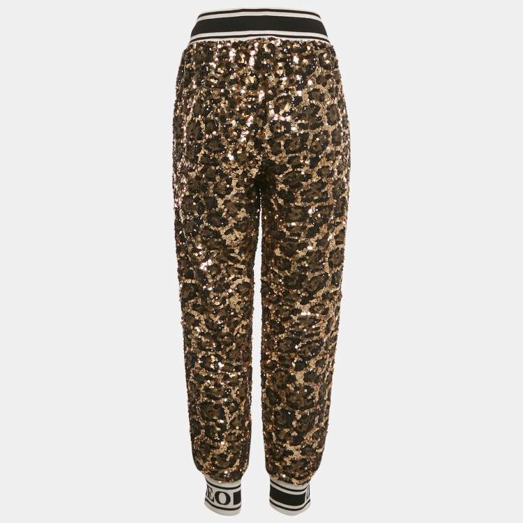 Pre Owned Dolce & Gabbana Gold/Black Sequin Logo Waistband Jogger Pants M