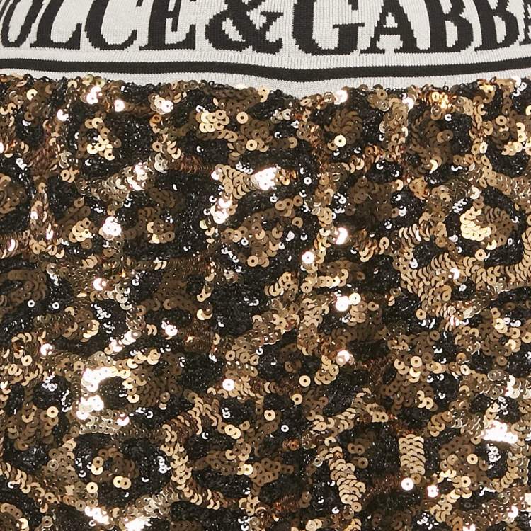 Pre Owned Dolce & Gabbana Gold/Black Sequin Logo Waistband Jogger Pants M