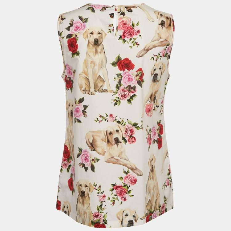 مملوكة مسبقًا Dolce & Gabbana White Dog-Floral Printed Cotton Top S