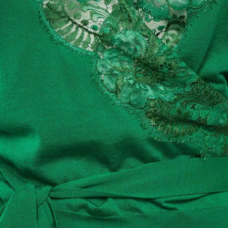 Pre Owned Dolce & Gabbana Green Wool Knit Lace Trimmed Sleeveless Wrap Top M
