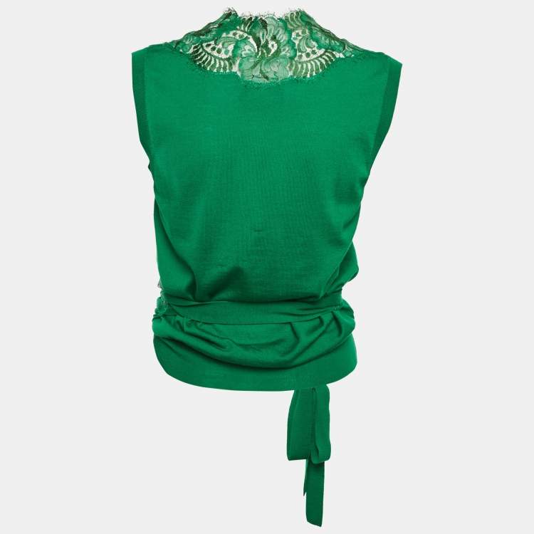 Pre Owned Dolce & Gabbana Green Wool Knit Lace Trimmed Sleeveless Wrap Top M