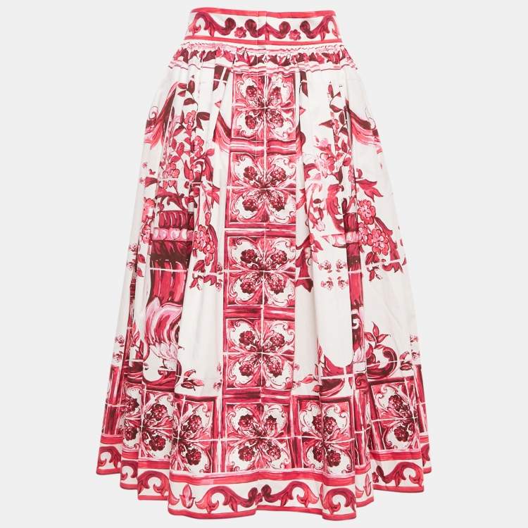 Pre Owned Dolce & Gabbana Pink Majolica Print Poplin Midi Skirt M