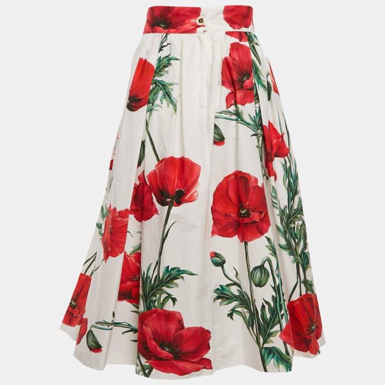 Pre Owned Dolce & Gabbana White Poppy Print Poplin Midi Skirt M