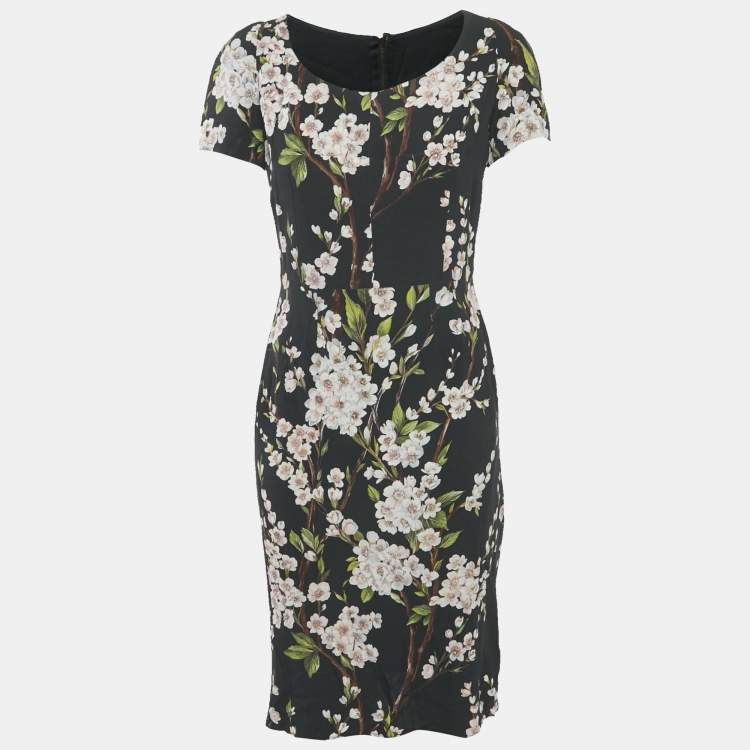 Pre Owned Dolce & Gabbana Black Floral Print Crepe Knee-Length Dress M
