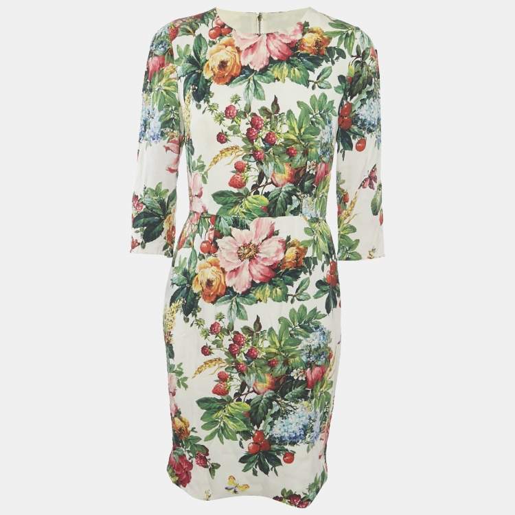 Pre Owned Dolce & Gabbana White Floral Print Silk Knee-Length Dress L