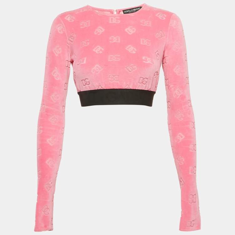 Pre Owned Dolce & Gabbana Pink Monogram Velvet Crop Top S